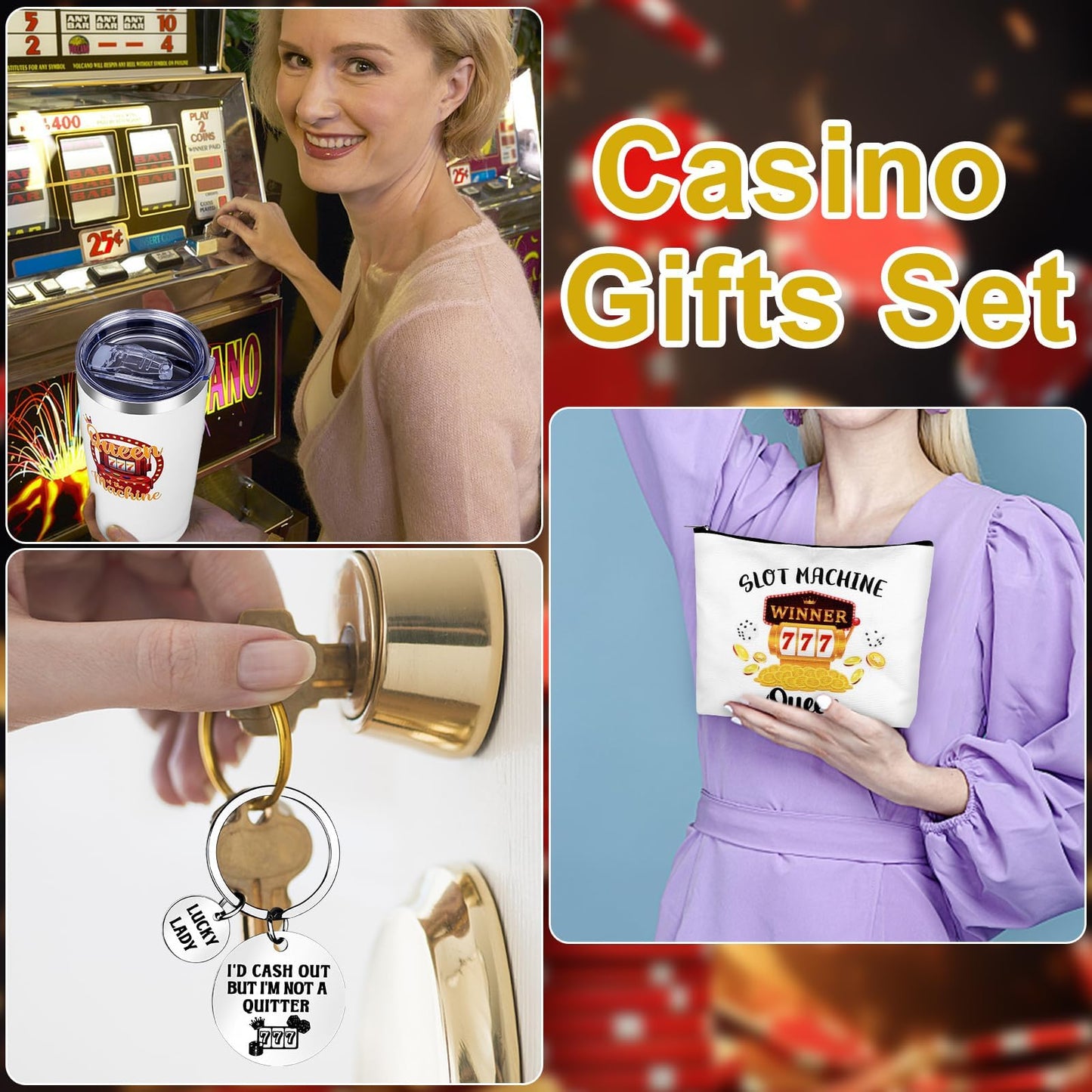 3Pcs Casino Gifts for Women Gambling Gift Queen Of The Machine 20 Oz Tumbler Cup Travel Mug Keychain Makeup Bag Slot Machine Present for Casino Lovers Birthday Mother's Day Christmas