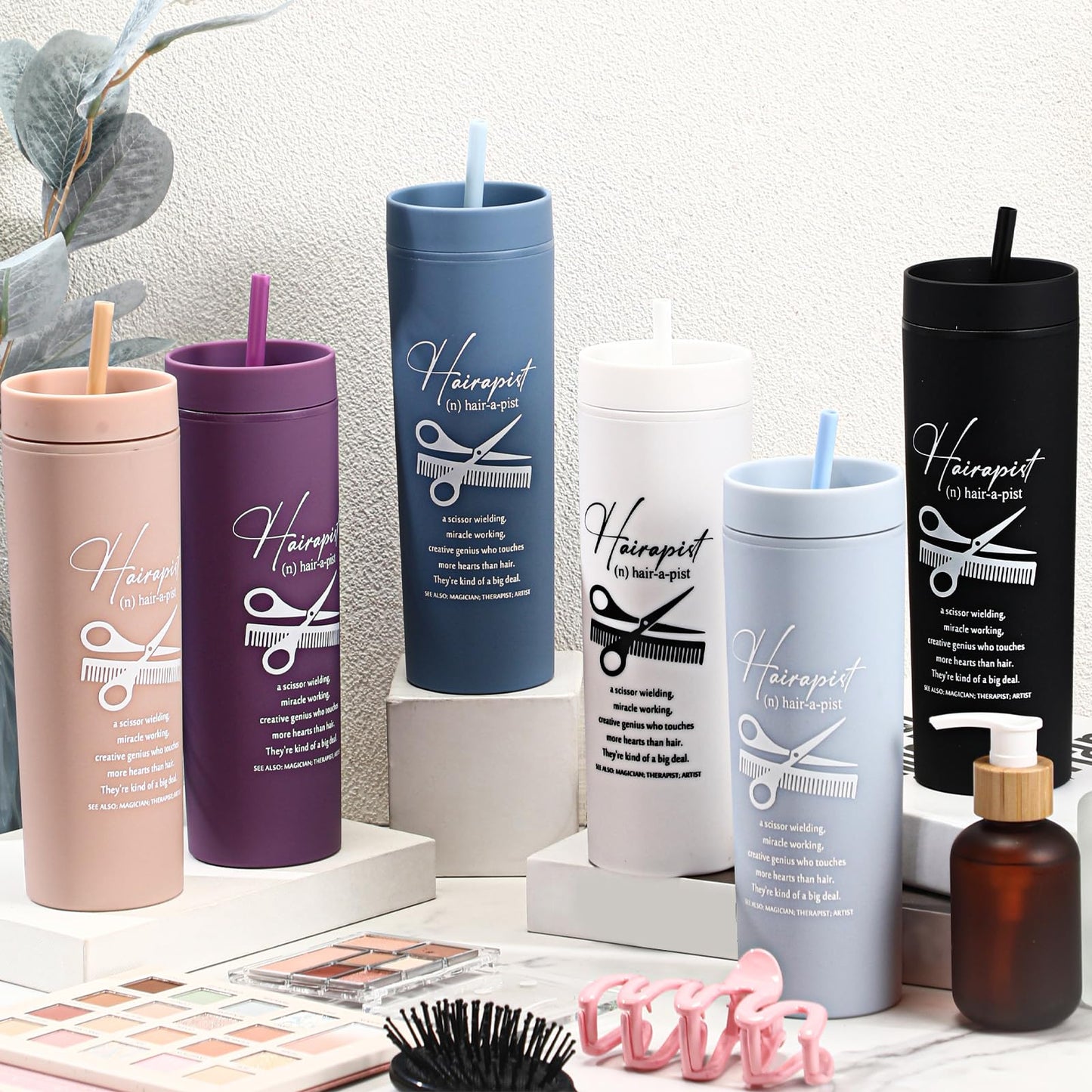 Rtteri 6 Pcs Hairdresser Tumbler Hair Stylist Gifts for Women Men Hairstylist Ideas 16 oz Hair Stylist Tumbler with Straw and Lid Frosted Plastic Coffee Cup for Salon Hairstylist Appreciation Day
