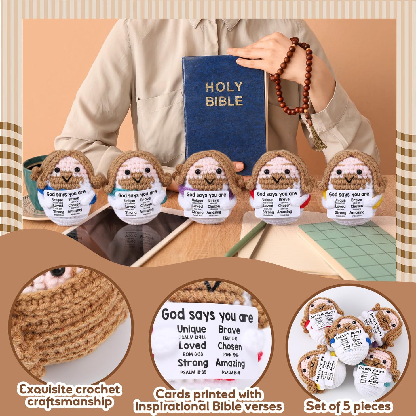 Marsui 5 Pcs 5 Pcs Crochet Dolls Christian Positive Gifts for Women Mini Jesus Figures with Positive Card Handmade Religious Crochet Plush Doll for Church Sunday School Motivational Gift (Colorful)