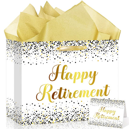 Woosytoo Retirement Gift Bag for Men Women, White Gold Happy Retirement Gift Bag with Card and Tissue Paper for Office Coworker Going Away Farewell Party Gifts Wrapping Supplies