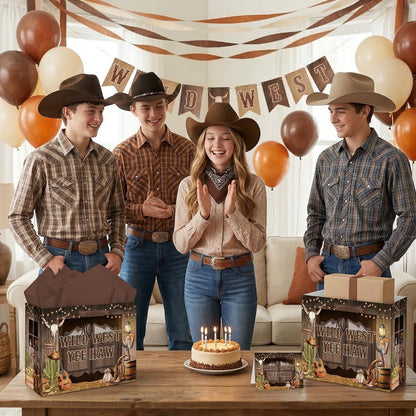 MOORIIY Western Cowboy Gift Bag with Tissue Paper and Greeting Card, Rustic Cowboy Birthday Gift Bag Wild West Wrapping Paper Bag for Boys Girls Birthday, Western Rodeo, Baby Shower Party Supplies