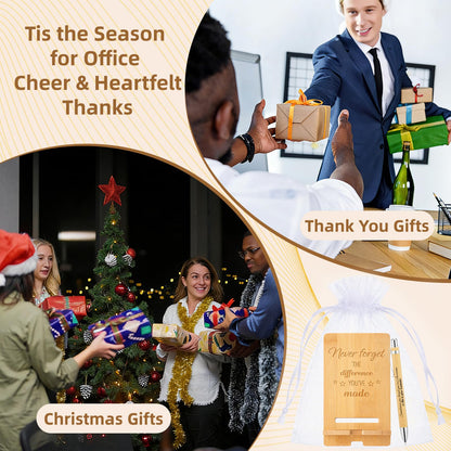 30 Pcs Employee Appreciation Gifts Bulk, 10 Wooden Phone Stands, 10 Motivational Pens with White Organza Bags, Thank You Gifts for Coworkers, Staff, Team, Volunteers, Nurses, Teachers, Office Desk