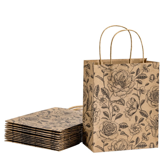 WRAPAHOLIC Medium Floral Kraft Paper Gift Bags - Black Florals Design for Birthday, Baby Shower, Holiday, Party Gift Wrap (Pack of 12)