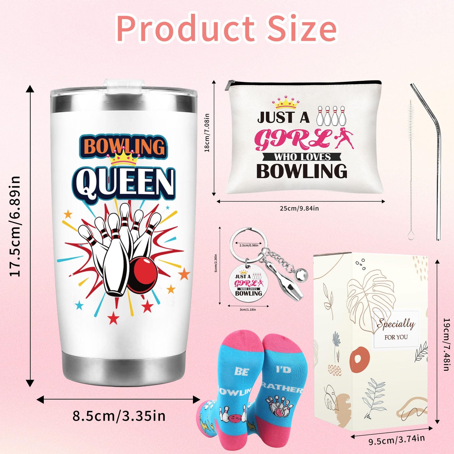 Bowling Gifts for Women Girls, Bowling Ball and Pins 20 oz Tumbler with Lid And Straw, Makeup Bag, Keychain, and Socks, Christmas Birthday Gifts for Bowlers Coach Sports Player