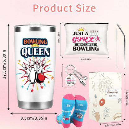 Bowling Gifts for Women Girls, Bowling Ball and Pins 20 oz Tumbler with Lid And Straw, Makeup Bag, Keychain, and Socks, Christmas Birthday Gifts for Bowlers Coach Sports Player