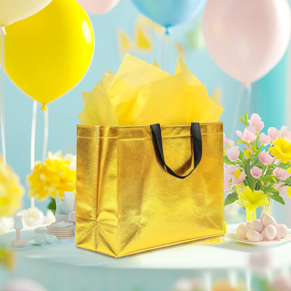 KeerxunBag 12Pcs Reusable Gift Bags（Includes Tissue Paper） Gift bag with handle Birthdays Parties Holidays Weddings Medium 13x5x11in Golden Yellow Gift Bags