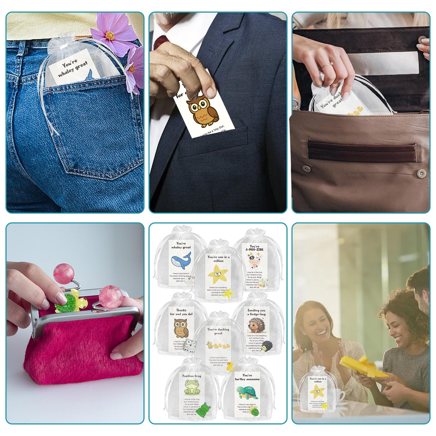 32 Set Employee Appreciation Gift Bulk 32 PCS Cards Organza Bags Funny Resin Animal Figures Hedgehog Cow Owl Duck Turtle Starfish Frog Whale for Coworkers Staff Office Favors 96 PCS
