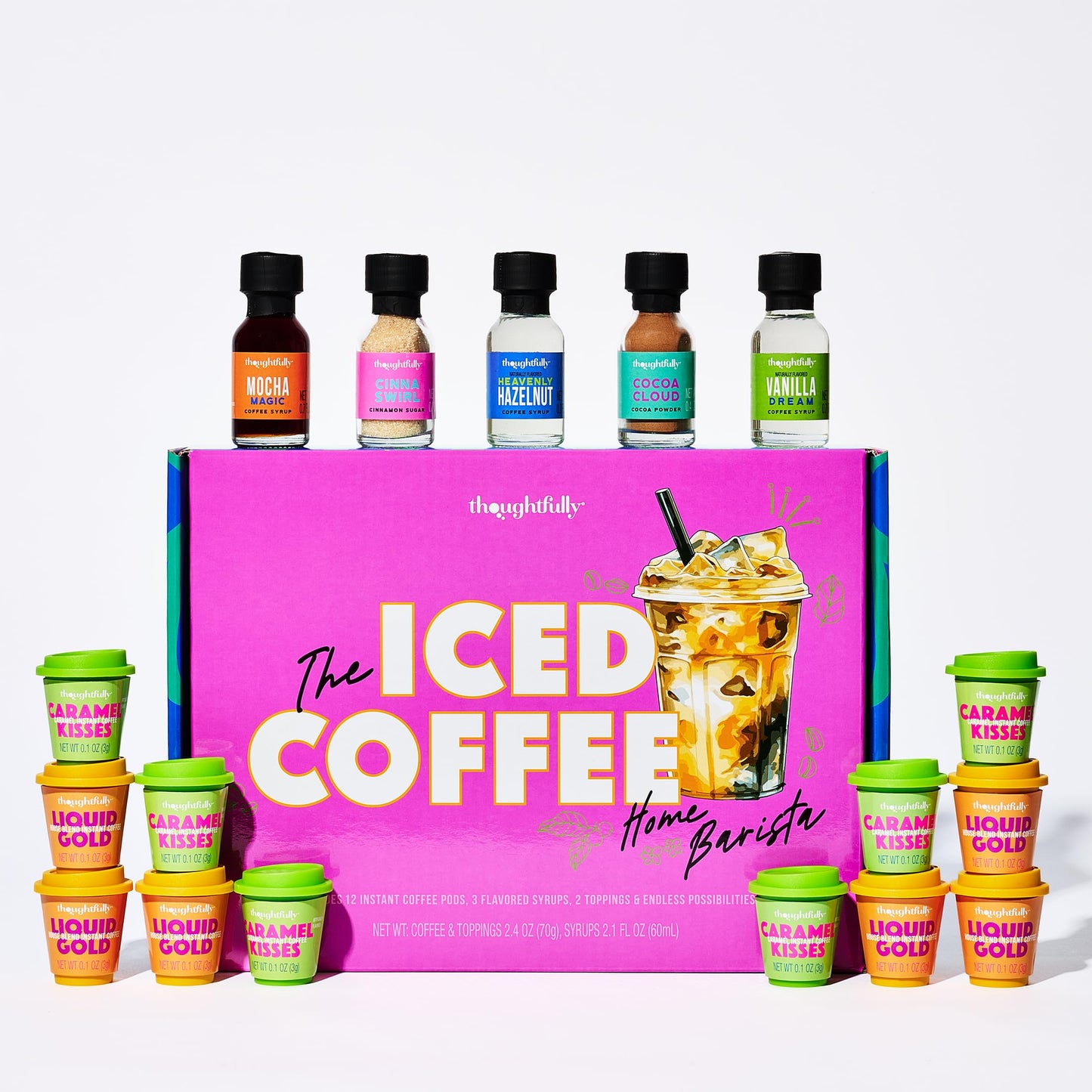 Thoughtfully, Iced Coffee Barista Bar Gift Set, Includes Instant Coffee, Flavored Syrups, Cocoa Powder & Cinnamon Sugar, DIY Coffee Station Sampler Gift for Coffee Lovers