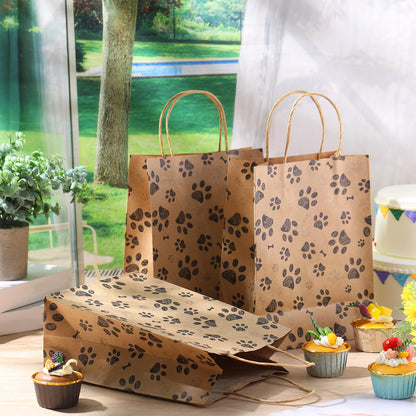 50 Pcs Large Puppy Dog Paw Print Gift Bags with Paper Handles - 10.6x8.3x4.3 Inch Kraft Dog Treat Paper Bags for Pet Treat Party Favor Birthday Gift (Brown)