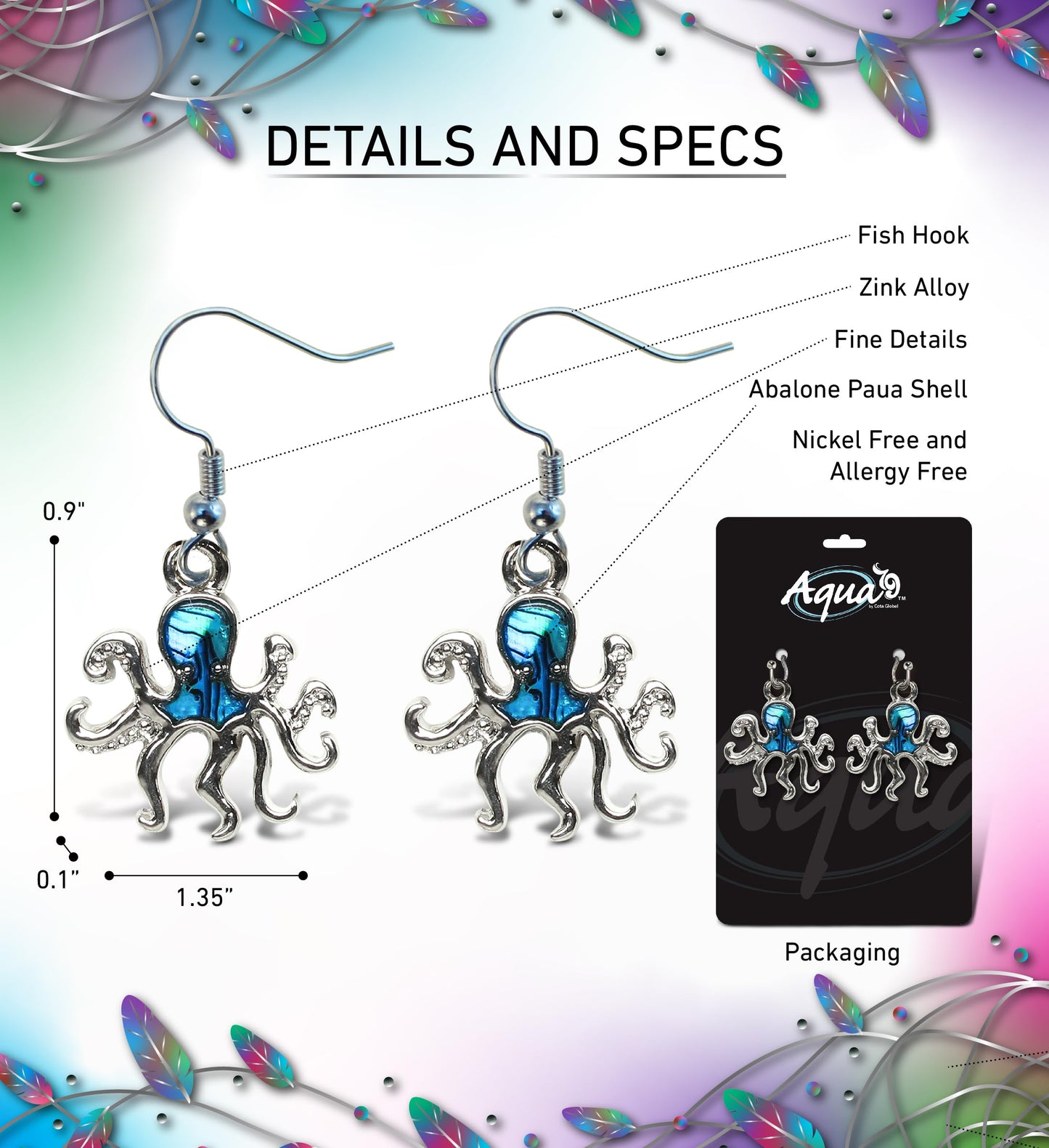 Aqua79 Octopus Earrings - Elegant New Zealand Blue Paua Shell Jewelry Ocean Animal Octopus Earrings for Women, Charming Ocean Themed Jewelry Gift - 1.35 Inches