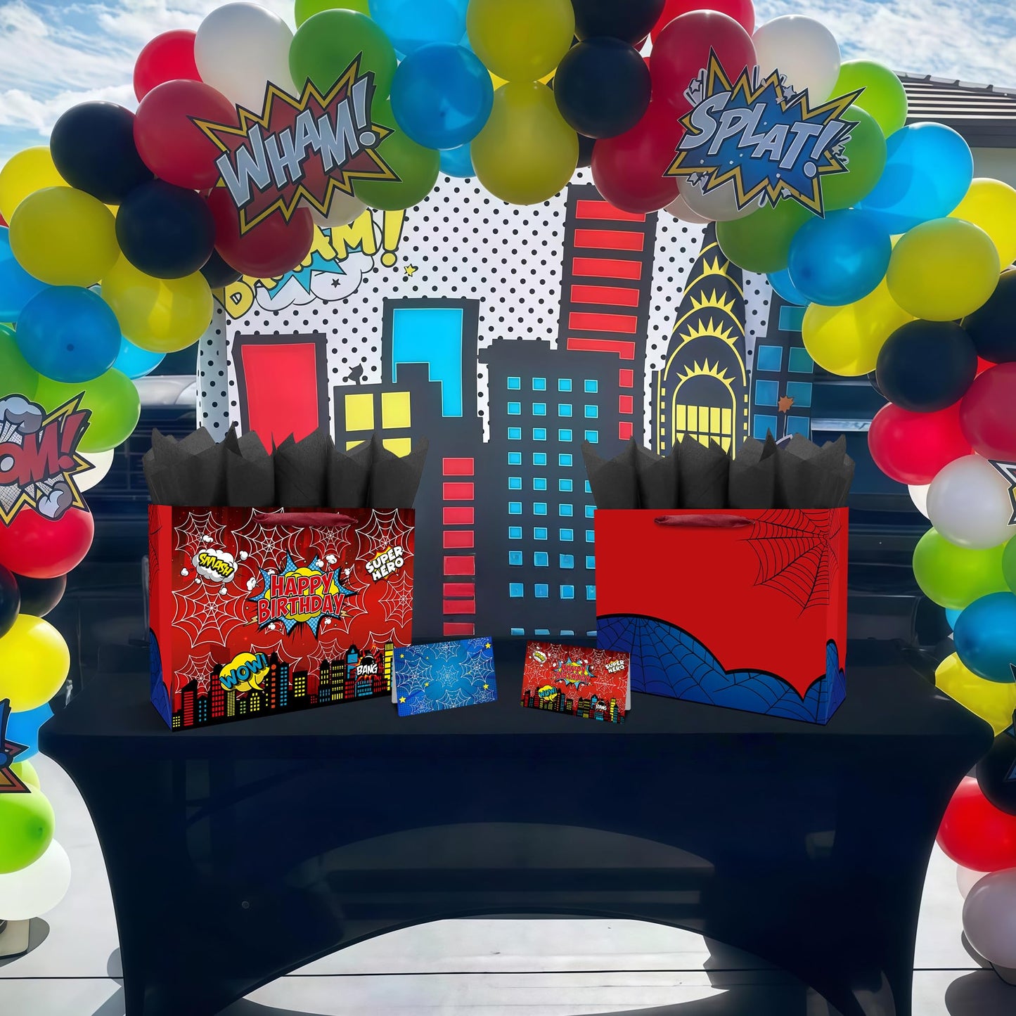 Caoekego 13" Large Spider Gift Bag (includes cards, colored paper, and stickers), Superhero Tote Gift Bag, Cartoon Spider Birthday Party Supplies