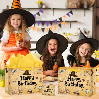 Hooqict Magical Wizard Gift Bag Happy Birthday Gift Wrapping Bag with Handles, Tissue Paper and Greeting Cards for Kids Girls Boys Wizard Birthday Party Supplies Halloween Party Favors
