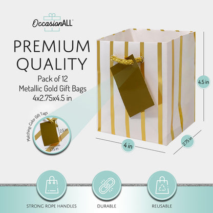 OccasionALL Tiny Gold Gift Bags, Mini Paper Gift Bags with Handles for Gift Cards, Wedding Showers, Party Favors, Events, Goodie Bags, Retail Shopping, Bulk, 4x2.75x4.5, 12 Pack
