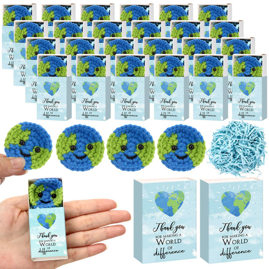 Wettarn 36 Sets Earth Day Gifts Pocket Hug Token Bulk Crocheted Earth with Box Encourage Positive World Environment Day Supplies Reduce Reuse Recycle Gifts for Women Friend Employees