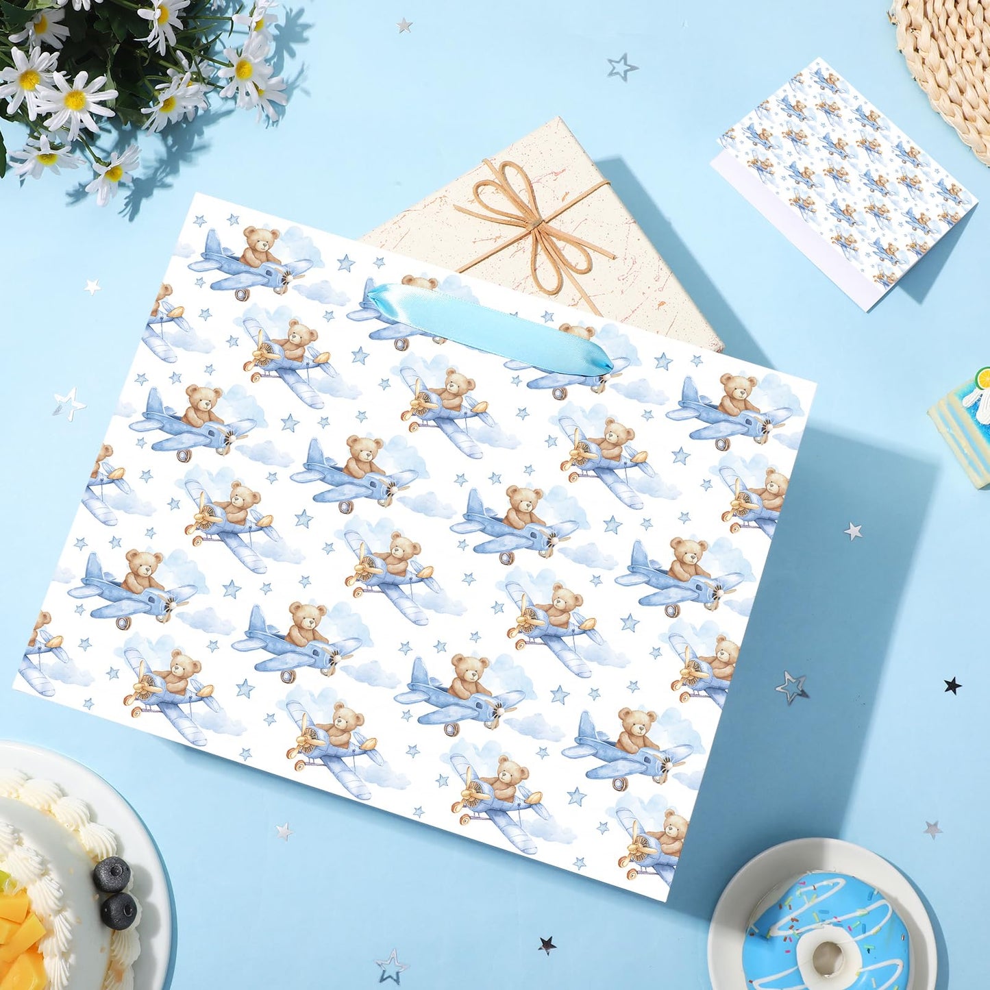 Baby Boy Gift Bag Baby Shower Bags for Boys Kids Blue Bear Wrapping Paper Bag with Handle Tissue Paper and Greeting Card for Kids Birthday Party Decorations Newborn Celebration Favors