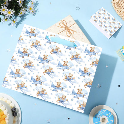 Baby Boy Gift Bag Baby Shower Bags for Boys Kids Blue Bear Wrapping Paper Bag with Handle Tissue Paper and Greeting Card for Kids Birthday Party Decorations Newborn Celebration Favors