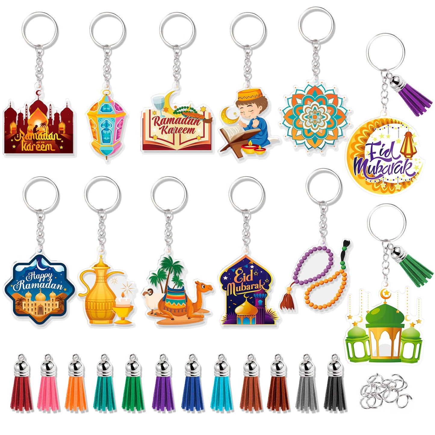 HOWAF 12pcs Eid Ramadan Keychains Set, Eid Mubarak Acrylic Keychain Making Kits with Rings and Tassels, Ramadan Mubarak DIY Craft Keyring for Muslim Celebration Gift Set