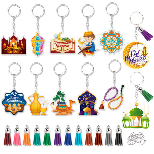 HOWAF 12pcs Eid Ramadan Keychains Set, Eid Mubarak Acrylic Keychain Making Kits with Rings and Tassels, Ramadan Mubarak DIY Craft Keyring for Muslim Celebration Gift Set