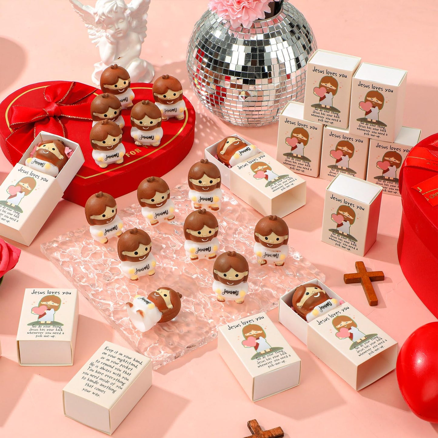 Wettarn 30 Sets Jesus Loves You Gifts Jesus Figures Stress Balls with Support Boxes for Christian Religious Church Stuffers Faith Desk Decor Christmas Valentines Day Party Favors