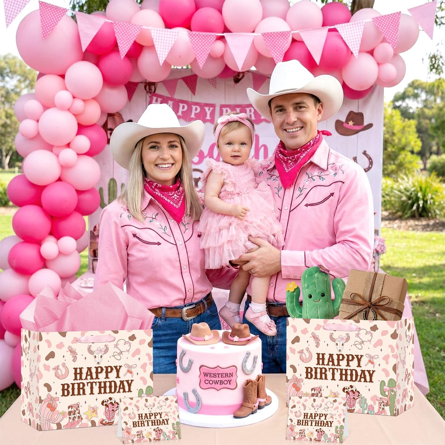 Wauprant Large Cowgirl Birthday Gift Bag for Girls Pink Wild West Western Happy Birthday Gift Bag with Wrapping Paper and Card for Girls First Rodeo Baby Shower Bachelorette Bday Party Supplies