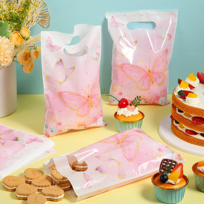 Teling 50 Pcs Butterfly Gift Bags Plastic Small Pink Butterfly Candy Bags Foral Birthday Goodie Bag with Die Cut Handle for Spring Summertheme Party Gift Wrapping Supplies Decor, 7 x 10 Inch