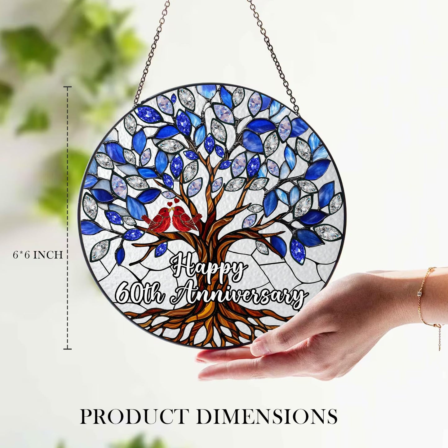 60th Wedding Anniversary Stained Glass Suncatcher, 6x6' Diamond Anniversary Decorations, 60th Celebration Marriage Gifts for Parents, Couple, Wife & Husband, 60 Wedding Milestone Keepsake