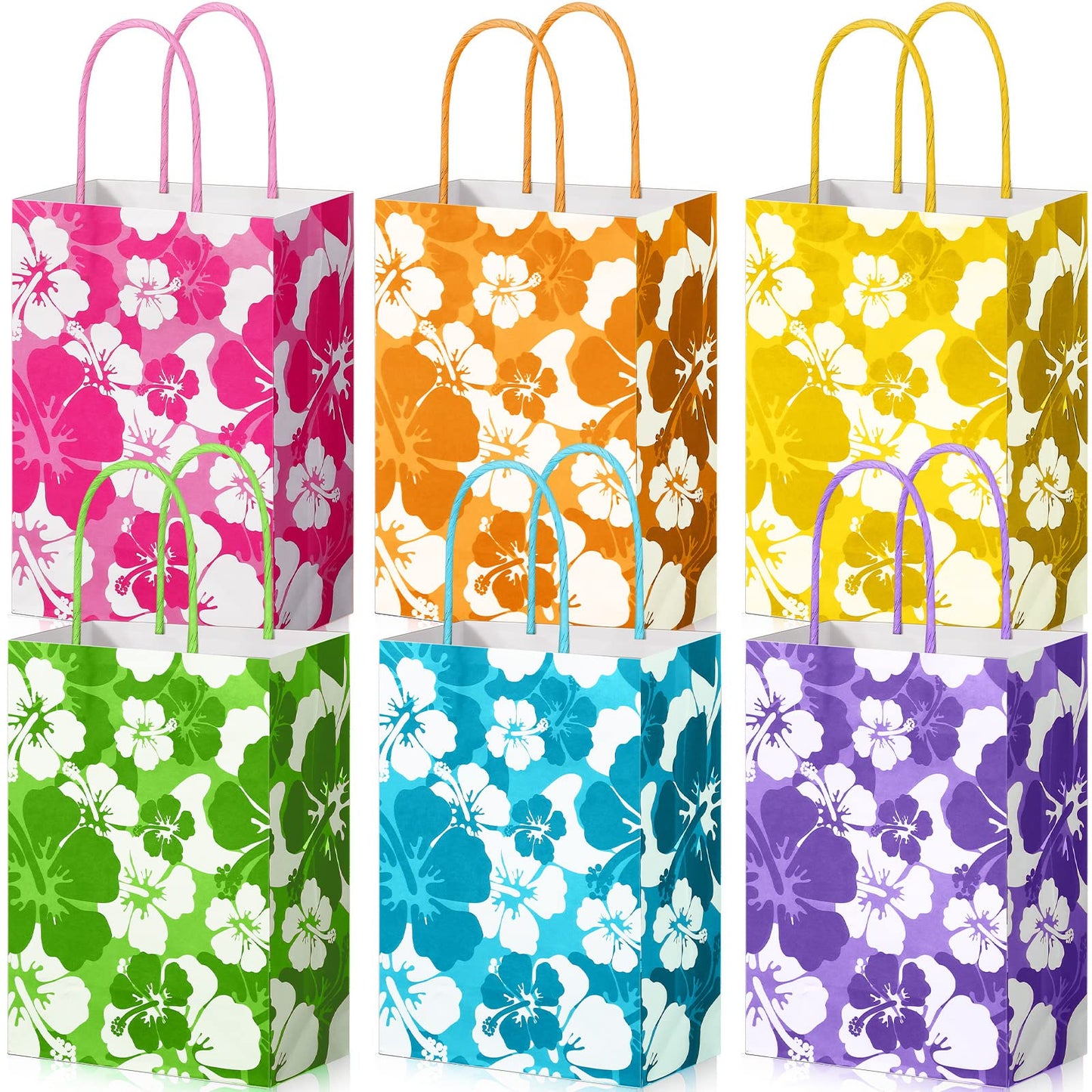 Teling 24 Pcs Hibiscus Party Favor Hawaiian Themed Paper Bags with Handles Summer Tropical Gift Tiki Luau Treat Hawaii Goodie Bags Kids Birthday Party Supplies Multicolor 8.3 x 6 x 3