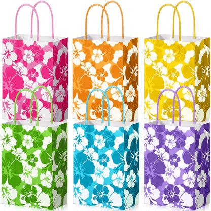 Teling 24 Pcs Hibiscus Party Favor Hawaiian Themed Paper Bags with Handles Summer Tropical Gift Tiki Luau Treat Hawaii Goodie Bags Kids Birthday Party Supplies Multicolor 8.3 x 6 x 3