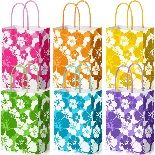 Teling 24 Pcs Hibiscus Party Favor Hawaiian Themed Paper Bags with Handles Summer Tropical Gift Tiki Luau Treat Hawaii Goodie Bags Kids Birthday Party Supplies Multicolor 8.3 x 6 x 3