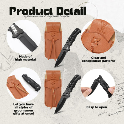 Abbylike 6 Set Groomsmen Gifts Personalized Groomsmen Pocket Knife with Leather Sheaths Mini Folding Knives Proposal Gifts for Wedding Party Favors(Classic,Black)