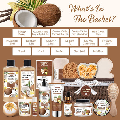 Mothers Day Gifts For Women - 16 PCS Birthday Gift Basket for Women Set of Coconut Vanilla Self Pampering Set, Includes Luxurious Home Spa Shower Gel Bubble Bath