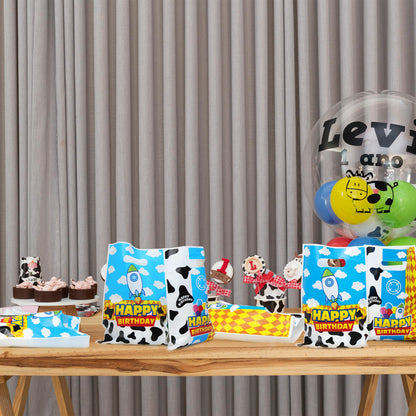 CHENRINDECO 50Pcs Cartoon Story Goodie Bags Cow Pattern Birthday Party Favor Bags Blue Sky White Cloud Plastic Bags with Handle for Toy Themed Birthday Party Supplies