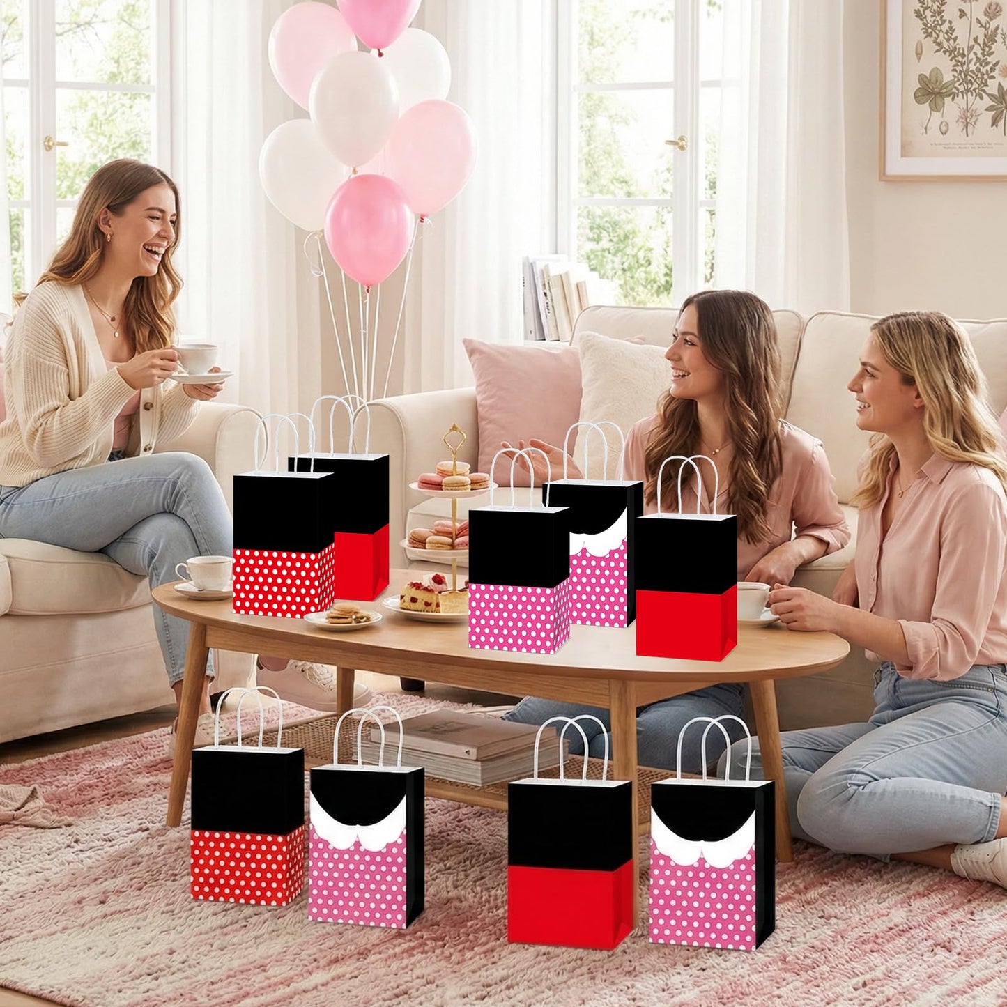 Afniimyapt 12Pcs Red Mouse Party Favor Goodie Bags with Handle Cartoon Mouse Theme Paper Treat Bags Pink Red Polka Dot Candy Gift Packing Supplies for Cartoon Themed Birthday Party Bridal Decorations
