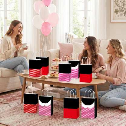 Afniimyapt 12Pcs Red Mouse Party Favor Goodie Bags with Handle Cartoon Mouse Theme Paper Treat Bags Pink Red Polka Dot Candy Gift Packing Supplies for Cartoon Themed Birthday Party Bridal Decorations