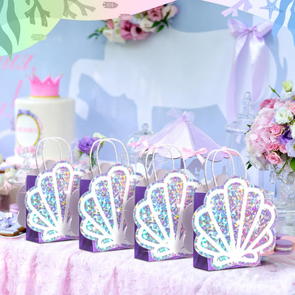 Locmeo 12 Pack Sea Shell Gift Bags Mermaid Goodie Bags Party Favor Iridescent with Handle for Under The Sea Party Summer Ocean Beach Birthday Wedding Shower Celebration Supply Decoration (Holographic)