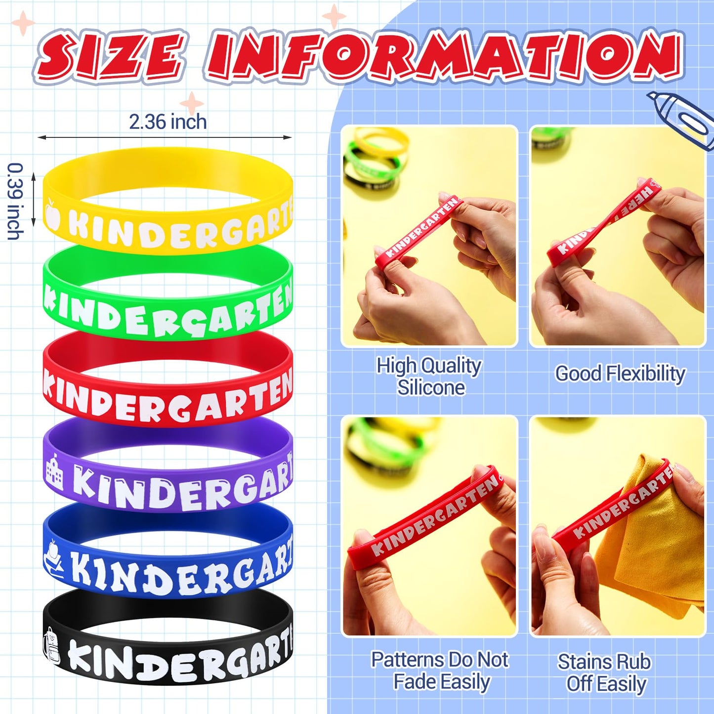 Simgoing 120 Pcs Kindergarten Rubber Bracelets Kindergarten Themed Silicone Wristbands Back to School Party Favors Classroom Decor Supplies Exchange Gifts
