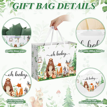 Buryeah 2 Pack 13" Large Baby Gift Bags with Tissue Paper Greeting Cards, Woodland Animal Paper Gift Wrap Bag with Handles and Envelopes for Baby Shower Birthday Party