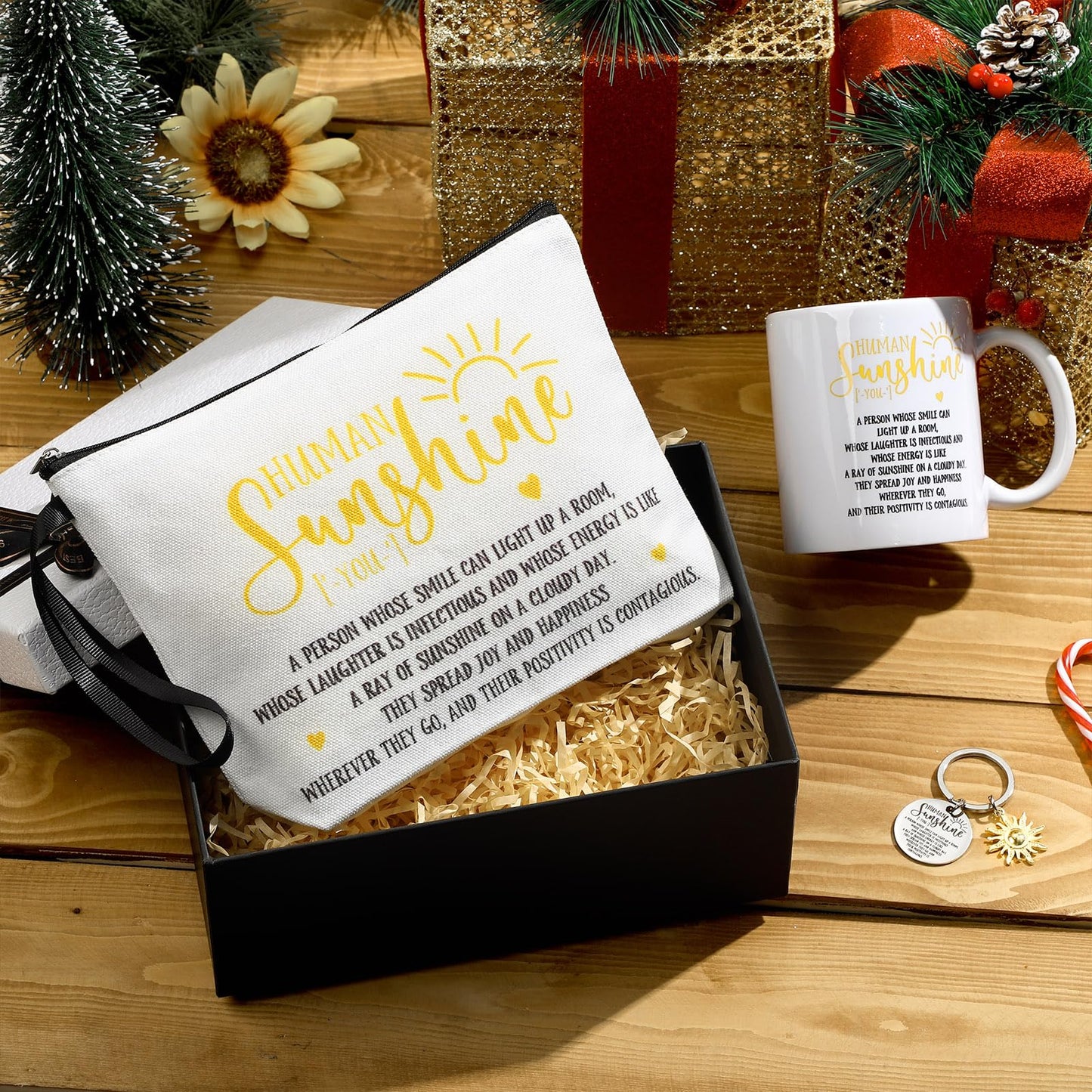 Crtiin 3pcs Human Sunshine Makeup Bag Gifts Sets Inspirational Thank You Gifts for Woman Human Sunshine Makeup Bag 11.2 oz Novelty Coffee Mug Keychain Christmas Birthday Coworker