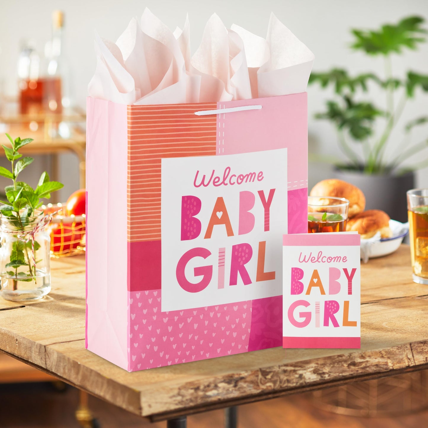 Hallmark 15" Extra Large Gift Bag with Card and Tissue Paper for Baby Shower (Welcome Baby Girl, Pink and Orange) for New Parents, Coworkers, Sister