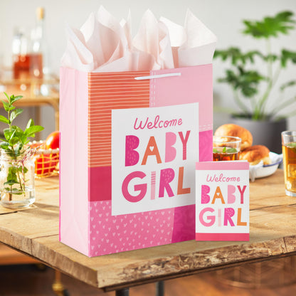 Hallmark 15" Extra Large Gift Bag with Card and Tissue Paper for Baby Shower (Welcome Baby Girl, Pink and Orange) for New Parents, Coworkers, Sister