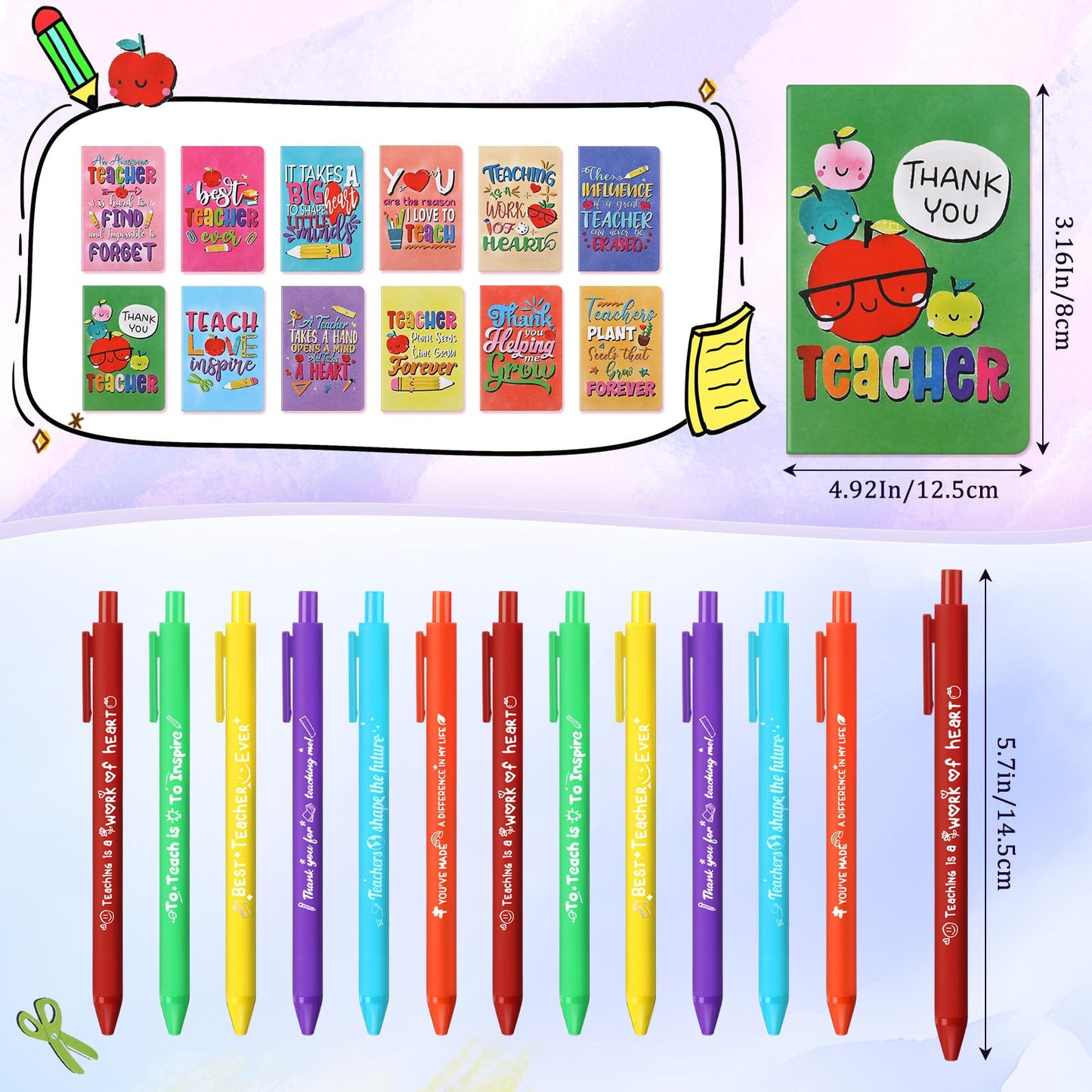 Pasimy 145 Pcs Teacher Appreciation Gifts Set Thank You Teacher Notebooks Pens Inspirational Stickers Apple Stress Ball Paper Clip Keychain Teacher's Day Gifts for School Classroom Office Supplies