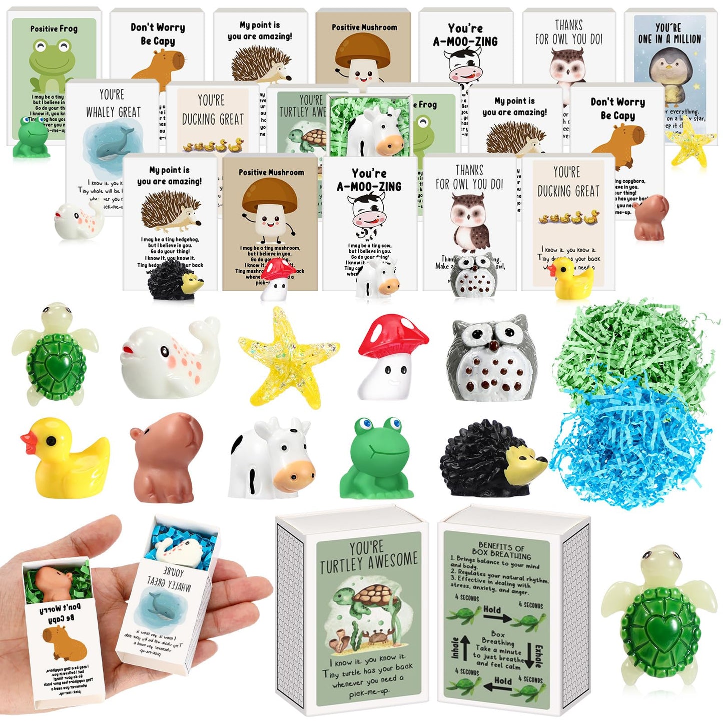 Soulchen 20 Set End of School Year Gift Mini Emotional Box Breathing Animals Inspirational Positive Support Gift for Employee Small Resin Animal Figurines with Pun Box for Teacher Nurse Office (Funny)