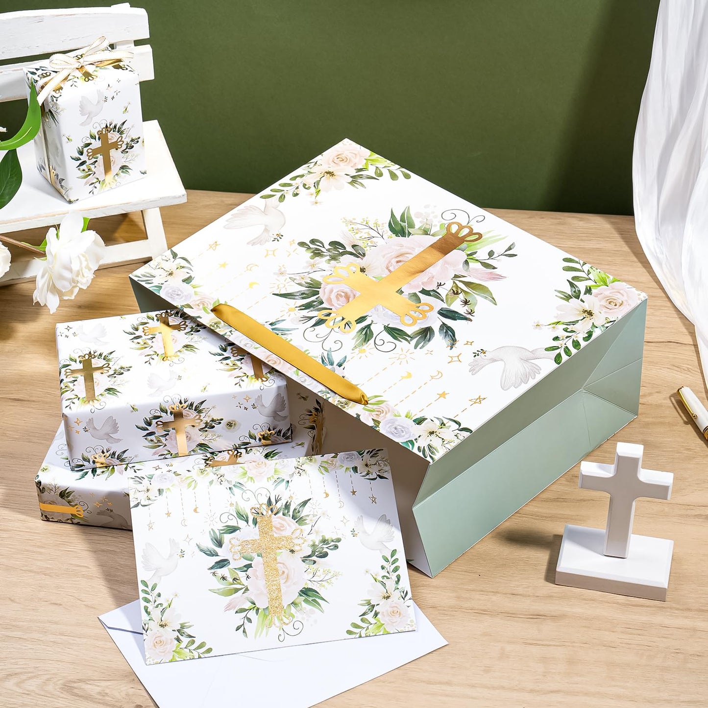 WRAPAHOLIC 13" Large Religious Gift Bag with Card and Tissue Paper - Gold Foil Floral Cross Design for First Communion, Easter, Baby Baptisms, Christenings