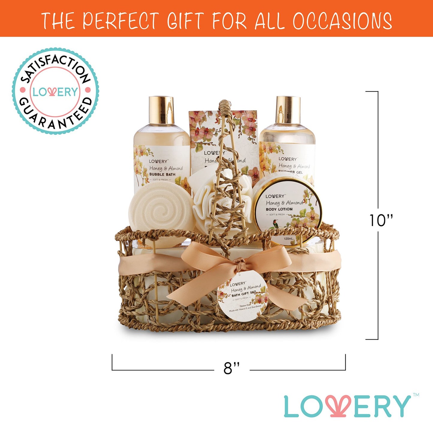 Mothers Day Gift Basket, Gifts for Mom, Daughter, Grandma, Wife, Spa Honey & Almond Scent, Luxury Bath & Body Set, Shower Gel, Bubble Bath, Body Lotion, Salts, Bath Bomb, Bath Puff & Handmade Basket