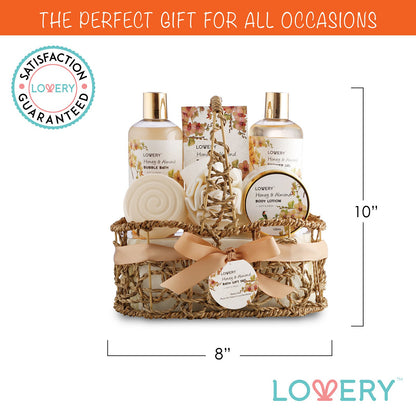 Mothers Day Gift Basket, Gifts for Mom, Daughter, Grandma, Wife, Spa Honey & Almond Scent, Luxury Bath & Body Set, Shower Gel, Bubble Bath, Body Lotion, Salts, Bath Bomb, Bath Puff & Handmade Basket