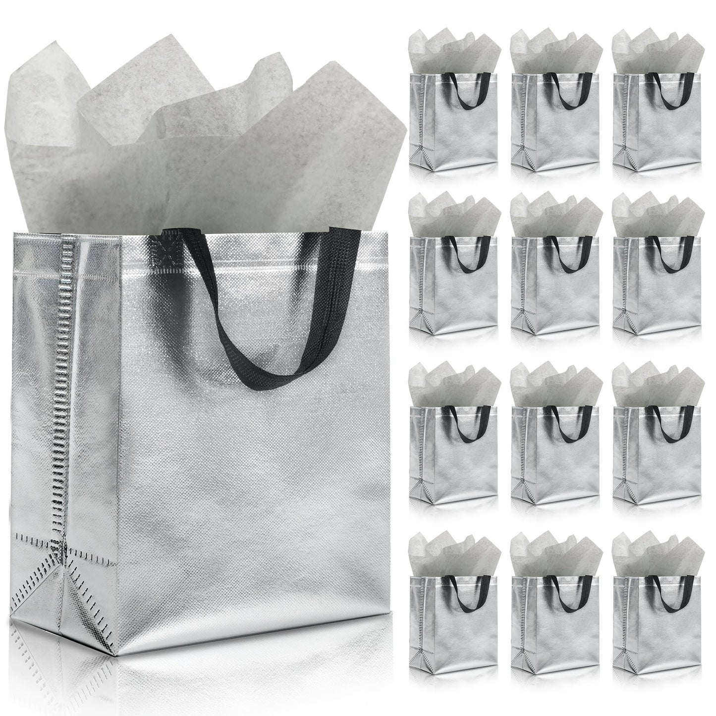 KeerxunBag 12pcs Reusable Gift Bags（Includes Tissue Paper） Gift bag with handle Birthdays Parties Holidays Weddings Medium 10x4x8in silver Gift Bags