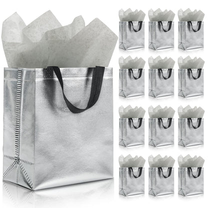 KeerxunBag 12pcs Reusable Gift Bags（Includes Tissue Paper） Gift bag with handle Birthdays Parties Holidays Weddings Medium 10x4x8in silver Gift Bags