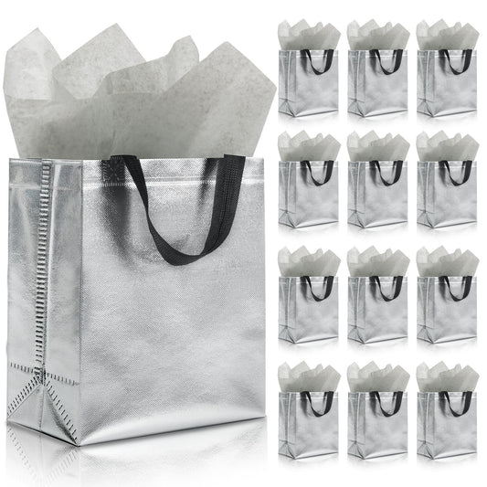KeerxunBag 12pcs Reusable Gift Bags（Includes Tissue Paper） Gift bag with handle Birthdays Parties Holidays Weddings Medium 10x4x8in silver Gift Bags