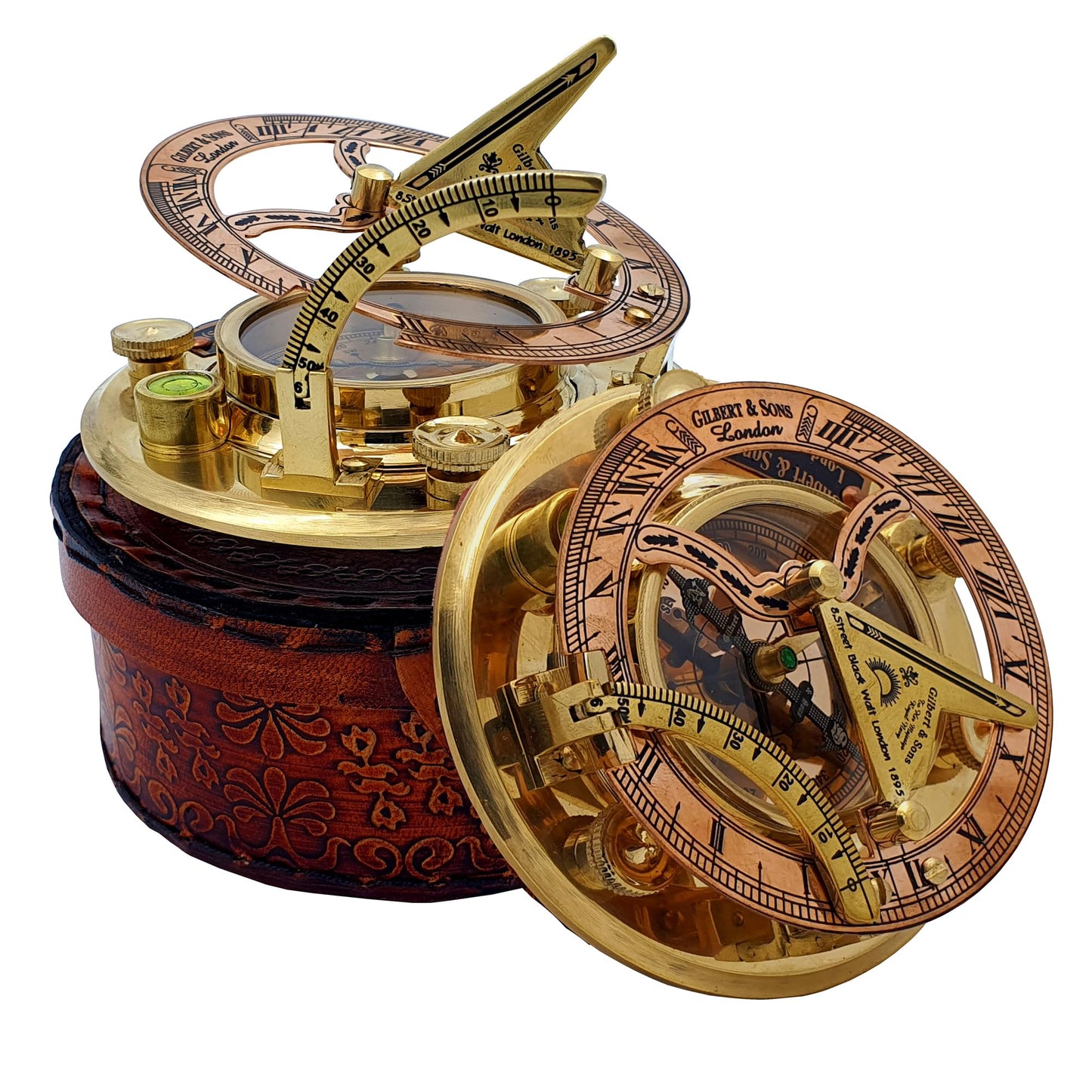 Personalized Engraved Antique Brass & Copper Sundial Compass, Sundial Clock in Leather Box Gift Sun Clock Ship Replica Watch