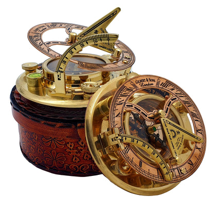 Personalized Engraved Antique Brass & Copper Sundial Compass, Sundial Clock in Leather Box Gift Sun Clock Ship Replica Watch
